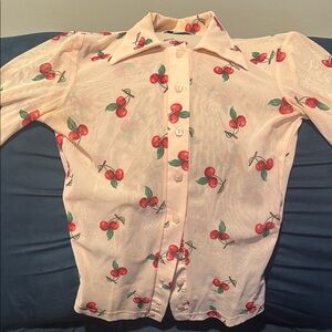 bebe Cherry Print Sheer Button Down Shirt - Cream and Red